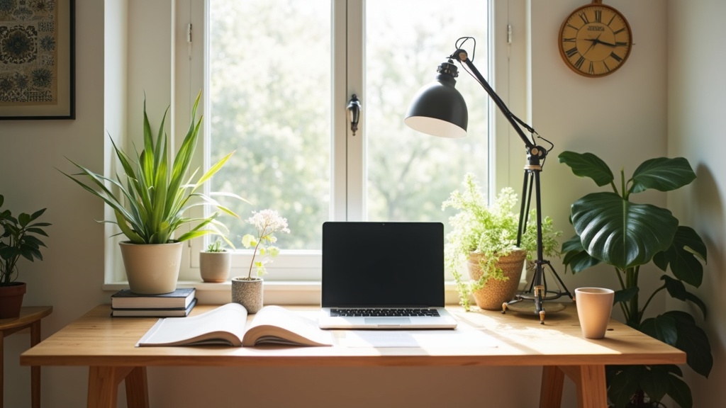 A cozy, well-organized home office workspace with natural light, plants, and a laptop on a wooden desk