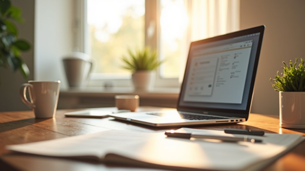 A modern digital workspace with a laptop, notepad, and plant