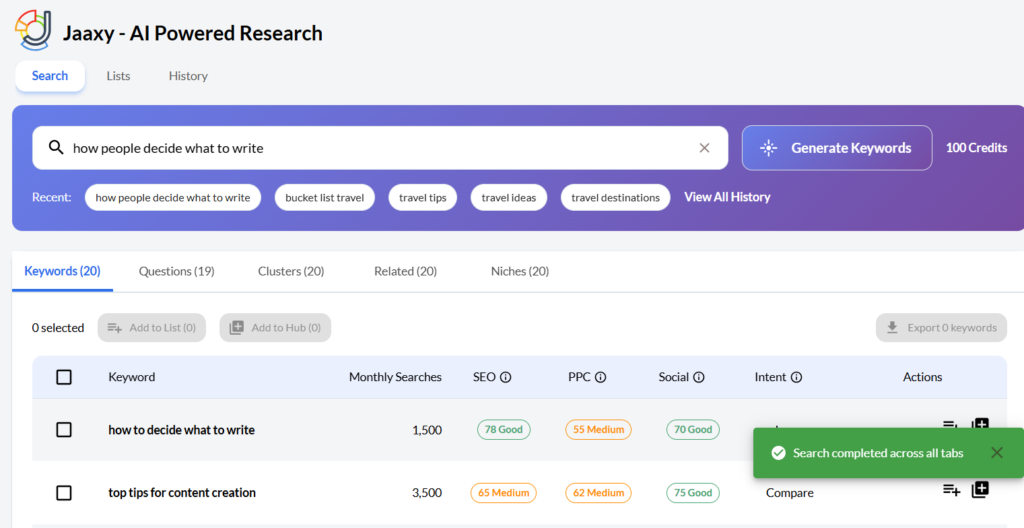 Image of the Jaaxy AI Powered Keyword Research Dashboard.