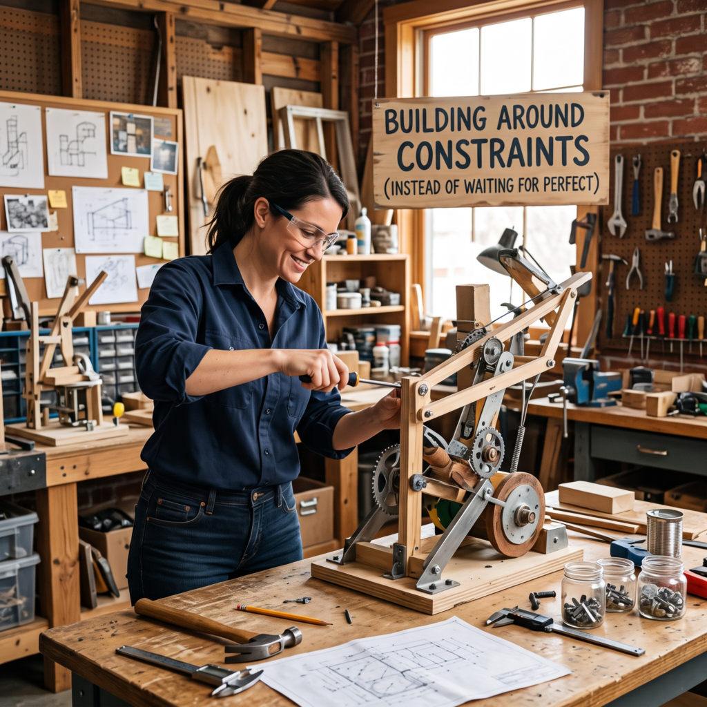 A woman finding creative ways building around constraints.