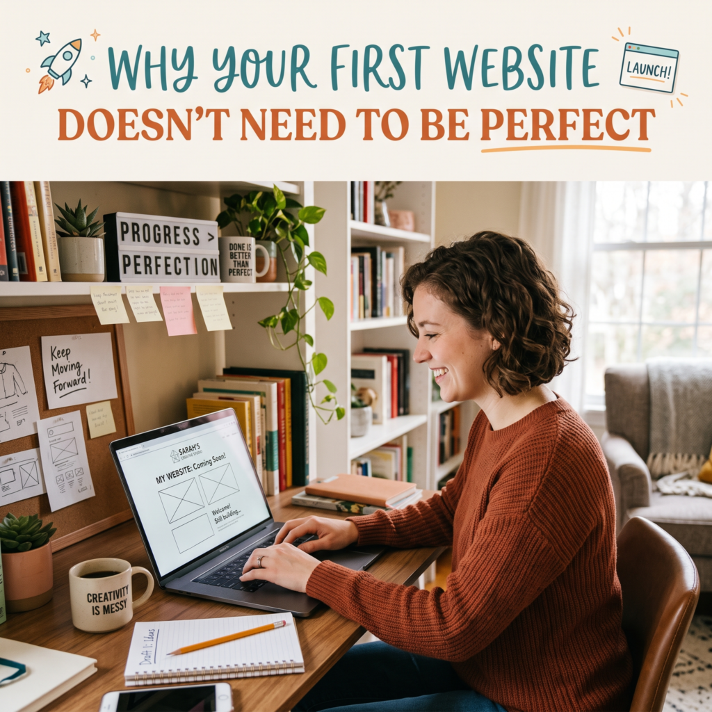 Woman sitting in front of a laptop building her first website.  Your first website doesn't need to be perfect.