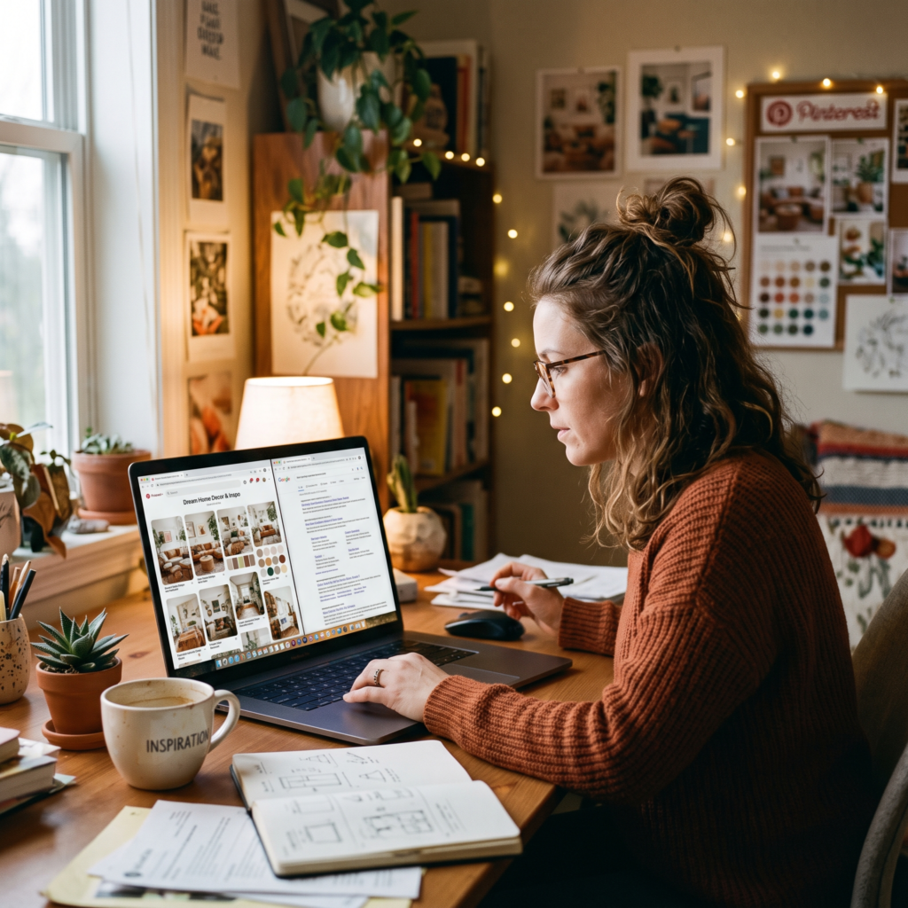 Young woman working on a laptop realising that google isn't pinterest.