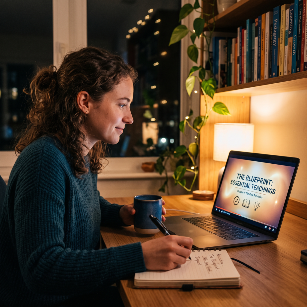 A woman in front of a laptop rewatching a course. The Pinterest Blueprint.